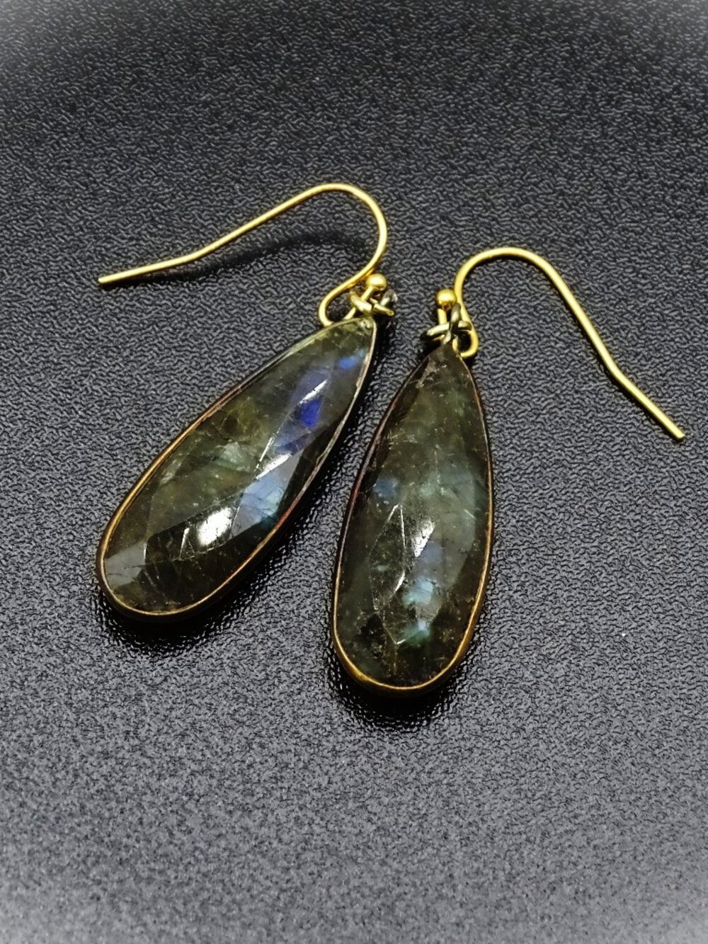 NEIMAN MARCUS Gold Plated Genuine Faceted Labradorite Teardrop Dangle Earrings